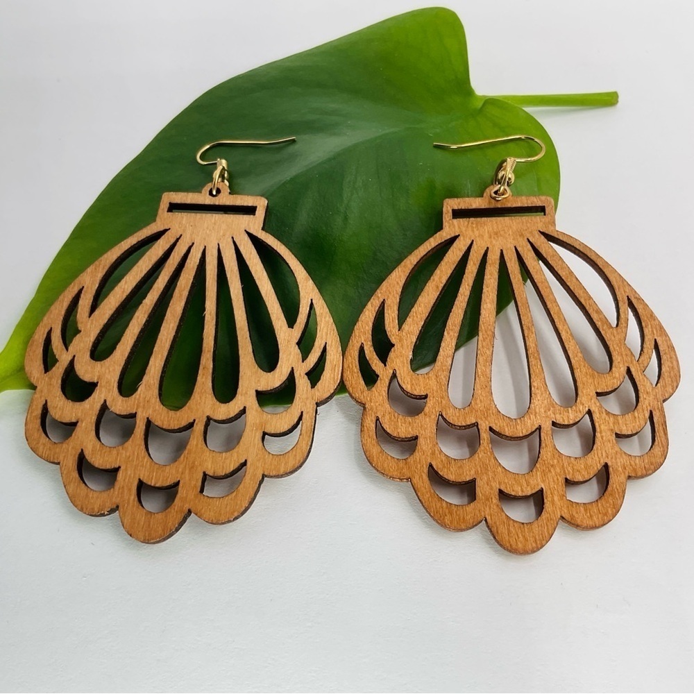 Wood Earrings Sea Shell Boho Lightweight Laser Cut Festival 3” Floral Coast Beac